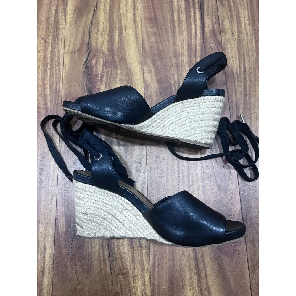 Aerosoles Black Lace Up Espadrille Wedge Sandals Women's 6 Open Toe Slingback‎